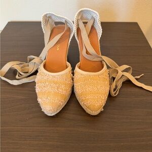 Tan Espadrille Flats with Ankle Wrap